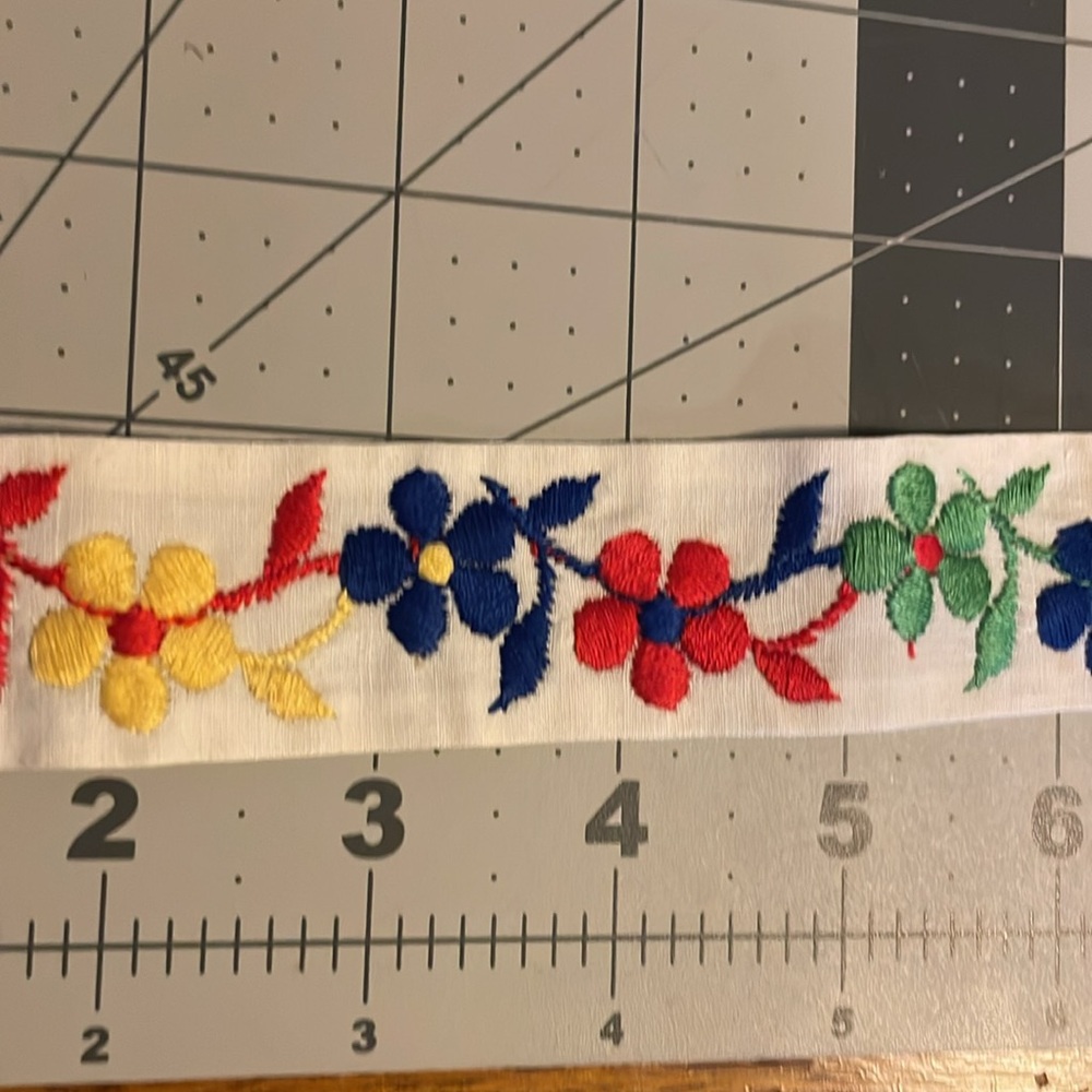 Floral jacquard trim, ivory background, colorful embroidered flowers, 1.5 yards